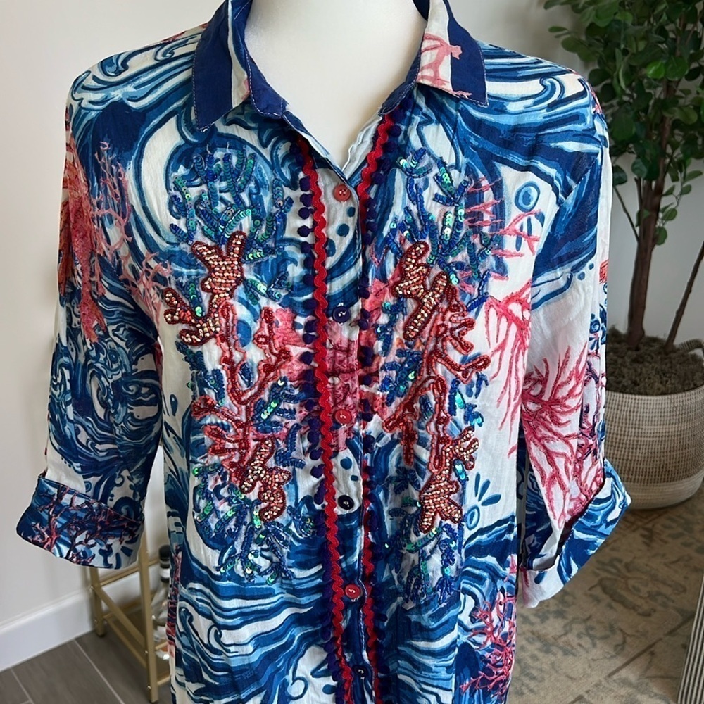 Antica Sartoria Positano Sequin Coral Print Italian Resort Cover Up Dress Size S - Picture 16 of 17